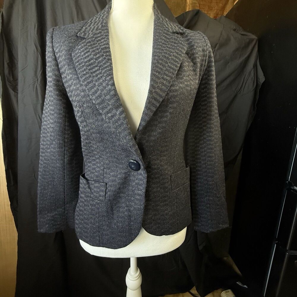 De Antone Women Herringbone Blazer Gray Single Button Made in USA Career Jacket